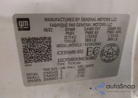 2022 Chevrolet Silverado 1500 Custom z USA, uszkodzony, nr VIN 1GCPDBEK8NZ568802